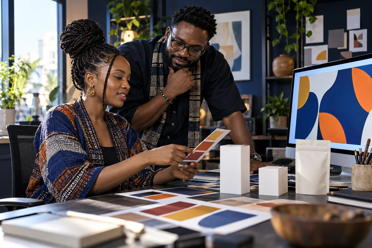 Illustrative scene of African creatives exploring colors and packaging in a design studio