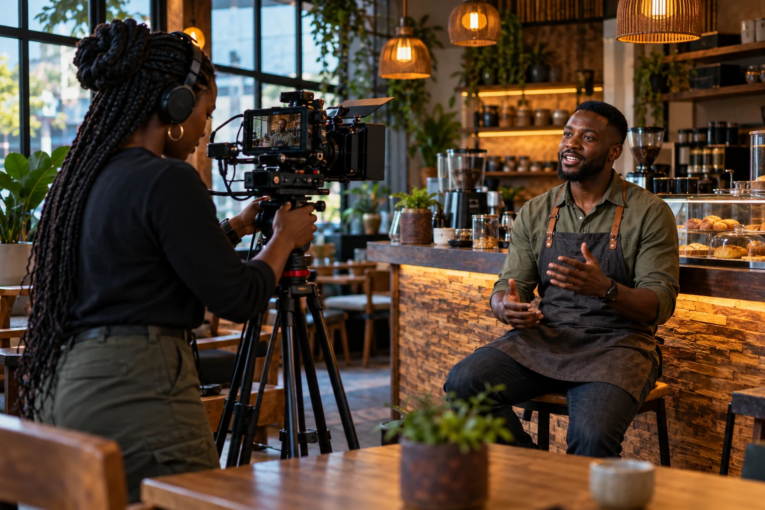 Illustrative scene of an African videographer filming a business owner in a cafe