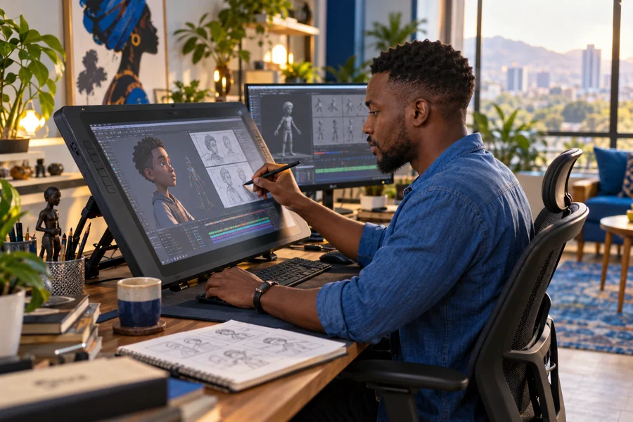 African animator creating a character animation