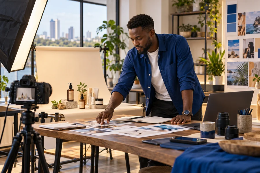 African business owner planning product advertising