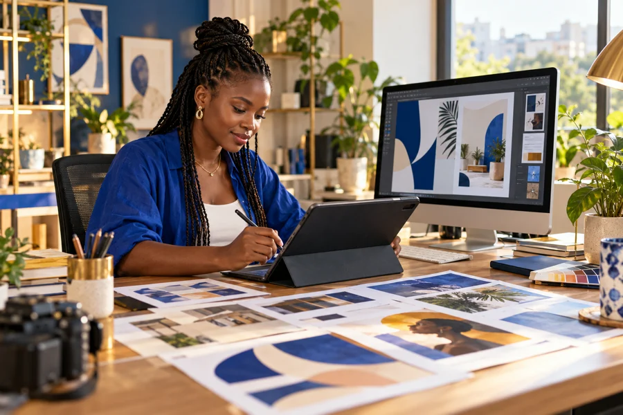 African graphic designer creating colourful poster and flyer layouts
