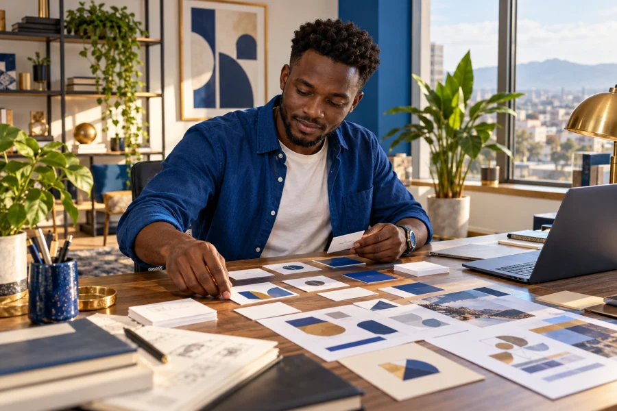 African brand designer arranging a logo symbol, business cards and colour swatches