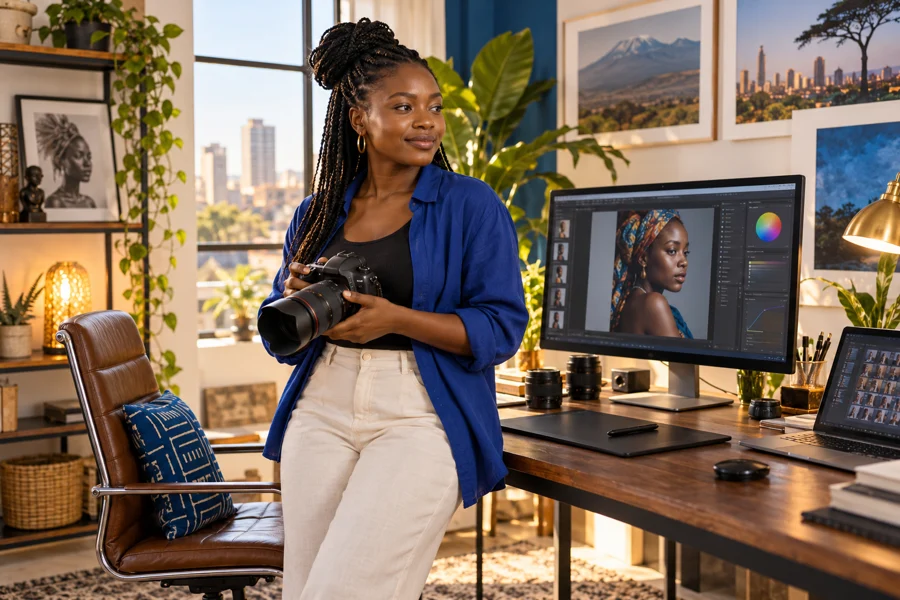 African photographer with a camera and photo editing tools