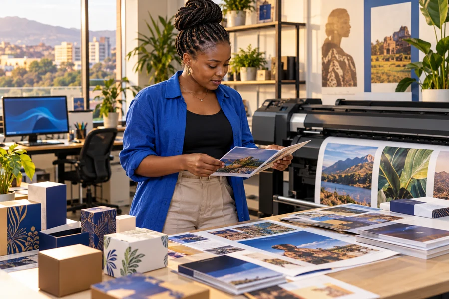 African print designer with brochures, packaging and printing equipment