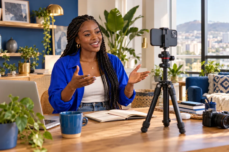 African content creator filming with a smartphone