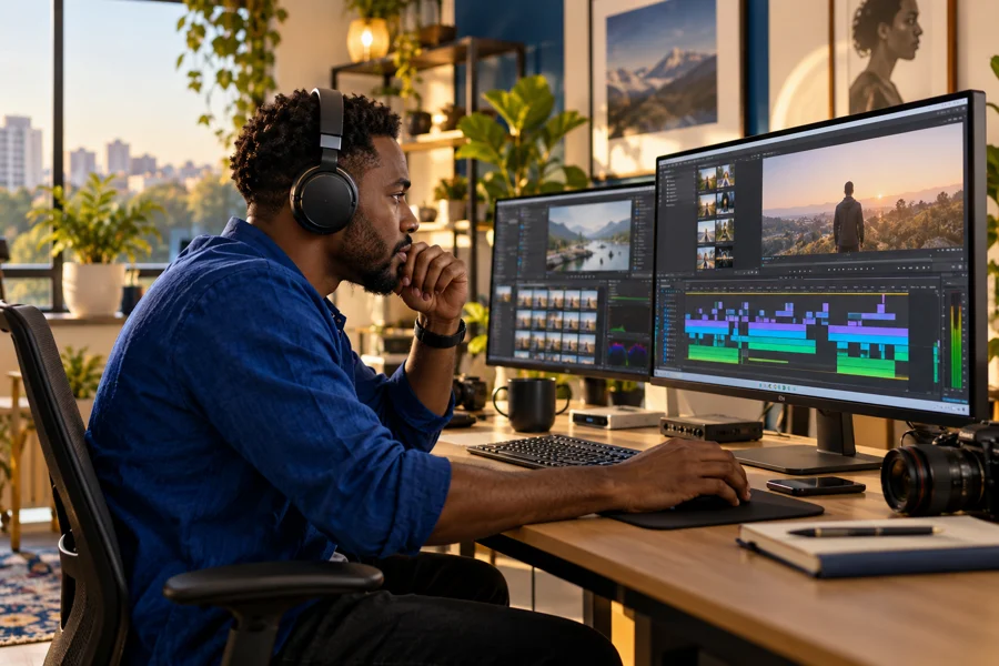 African video editor working with a video timeline
